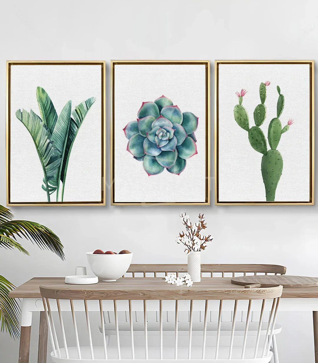 Cuadro cactus tríptico acuarela — suculenta en tonos azul y rosa, decoración minimalista Massinart