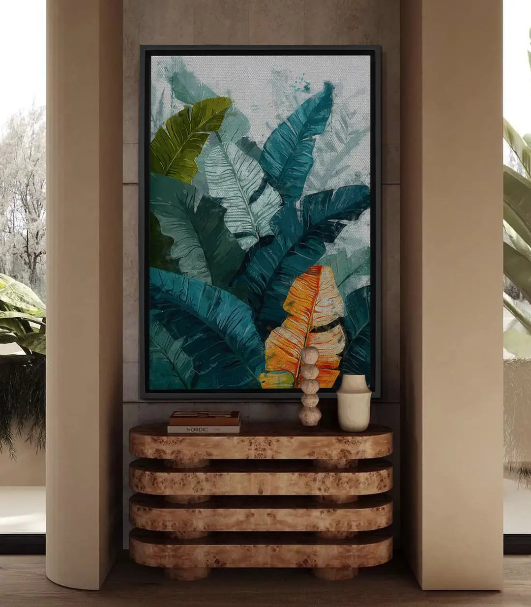 Cuadro Silver Leaf hojas tropicales verdes y gris plateado decoración pared Massinart