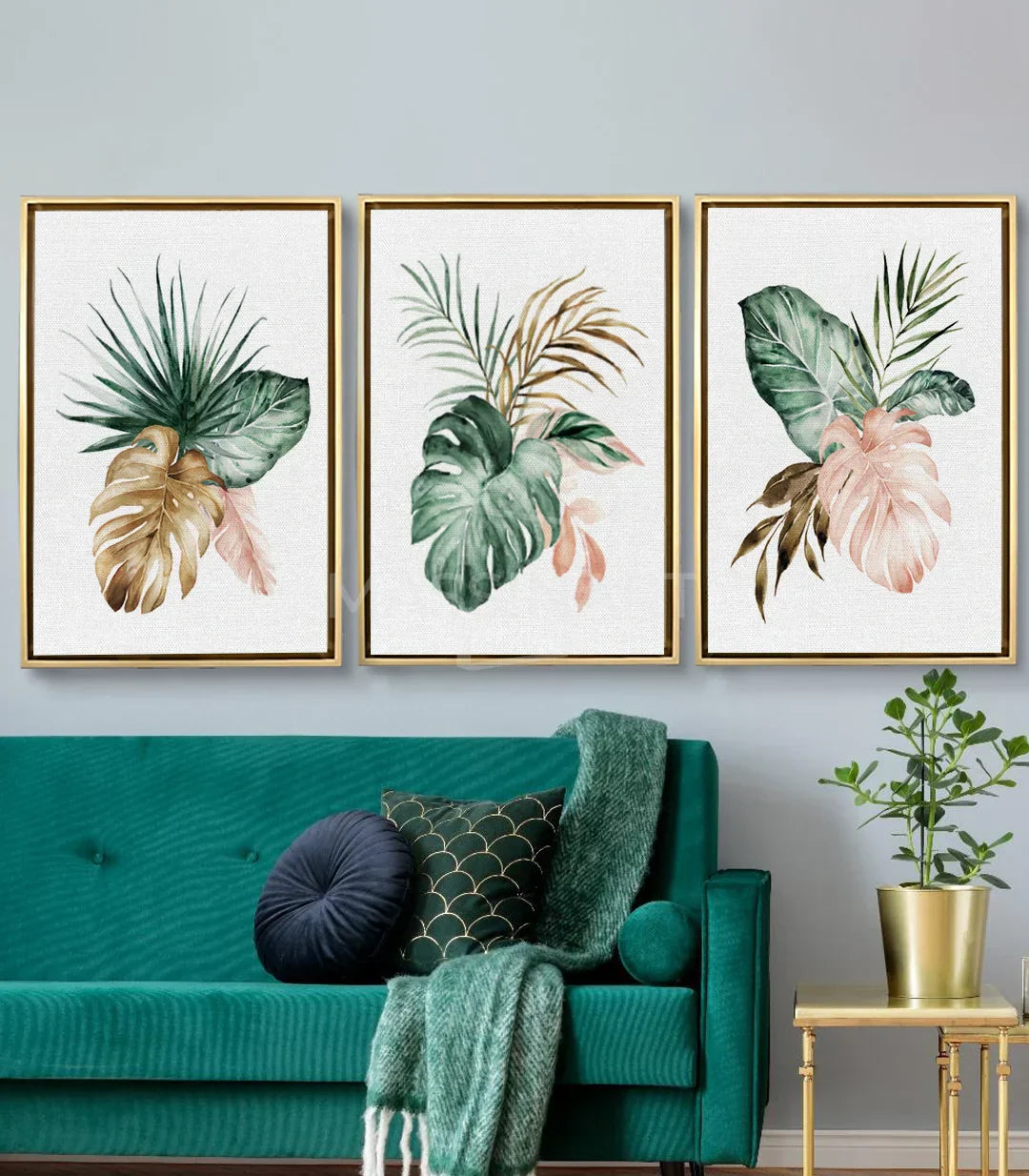 Lámina botánica tropical con hoja de palmera dorada, decoración moderna