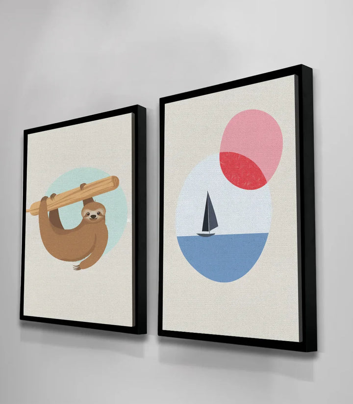 Vista en perspectiva del díptico Lazy Koala Massinart — marco negro contemporáneo