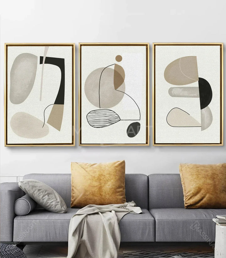 Cuadro minimalista tríptico para decoración de salón en tonos grises — Massinart