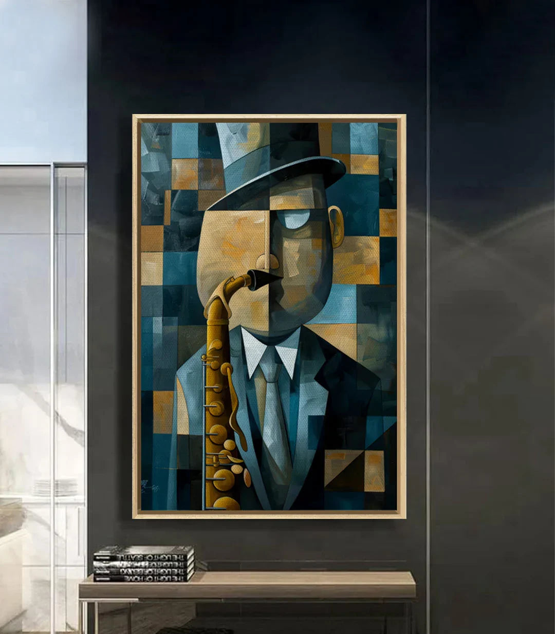 Cuadro Echoes of the Sax en salón moderno — cuadro decorativo sobre sofá, Massinart