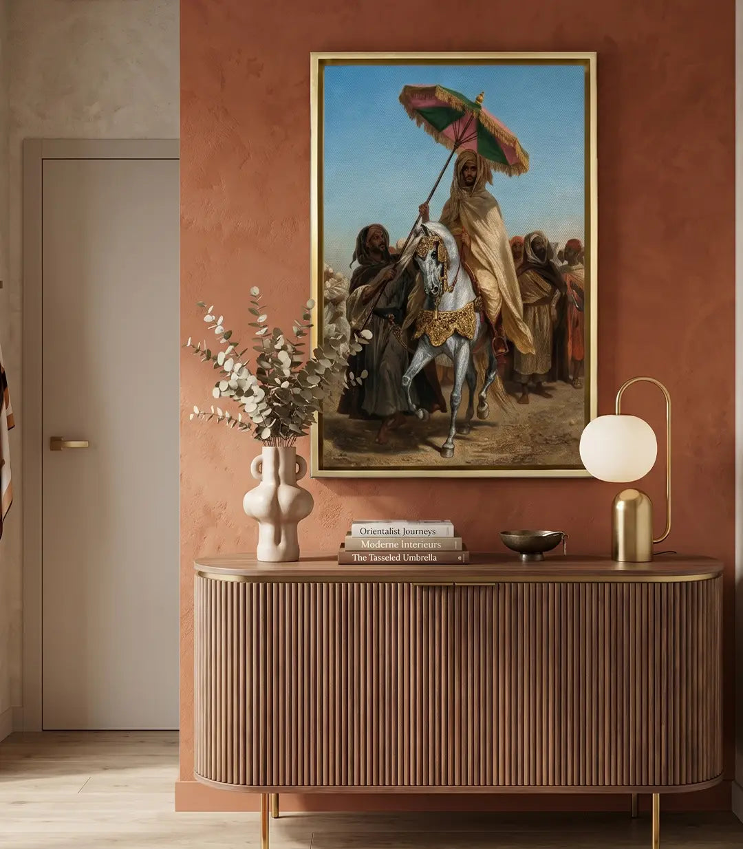 Cuadro orientalista Royal Passage inspirado en Delacroix, jinete sobre caballo blanco con parasol de gala, decoración salón clásico