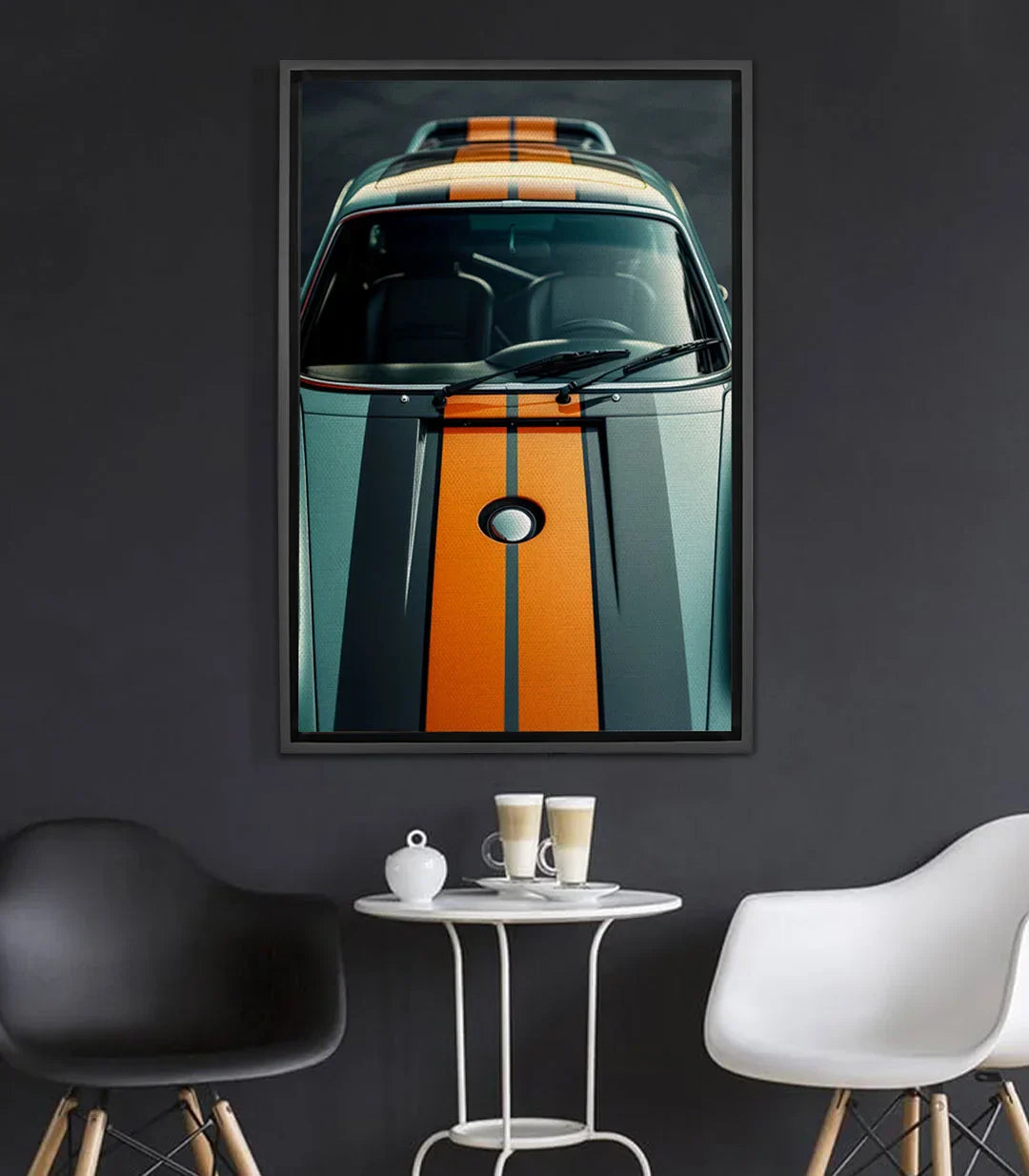 Cuadro coche vintage turquesa y naranja con rayas racing Speed in Style Massinart