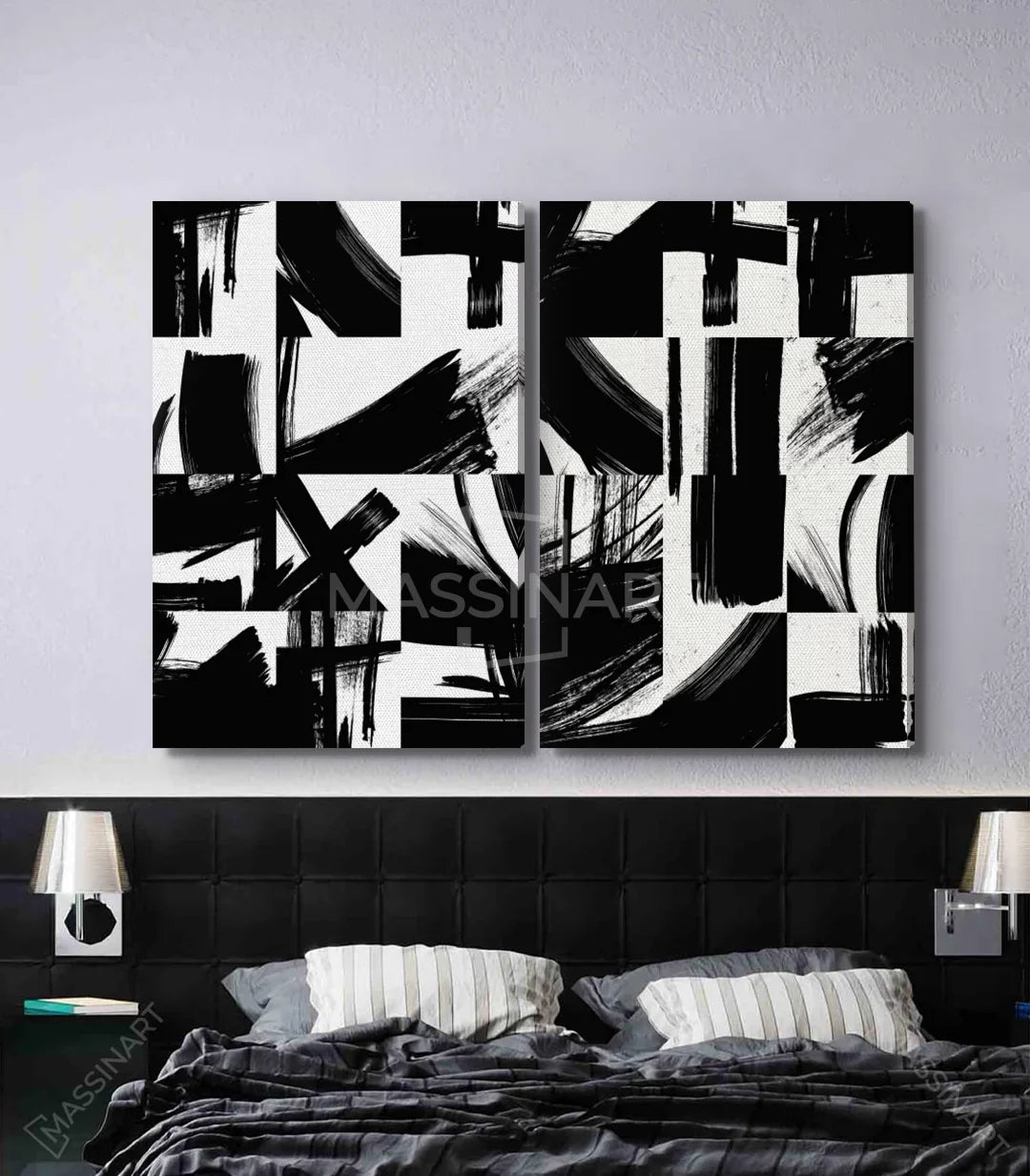 Cuadro Inked díptico blanco y negro Massinart en interior moderno, decoración mural elegante