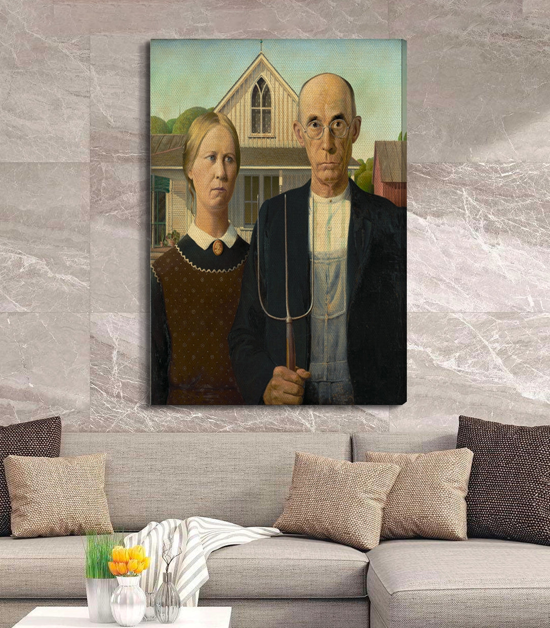 Cuadro American Gothic detalle marco negro decoración mural Massinart