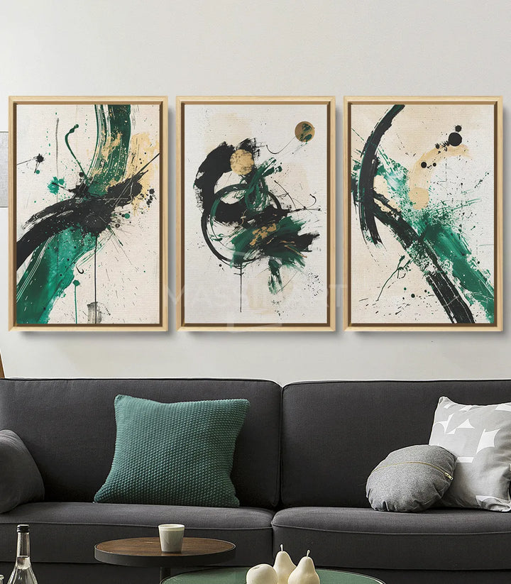 Detalle central cuadro Thrive — salpicaduras de acuarela verde y negro, estilo expresionista, Massinart