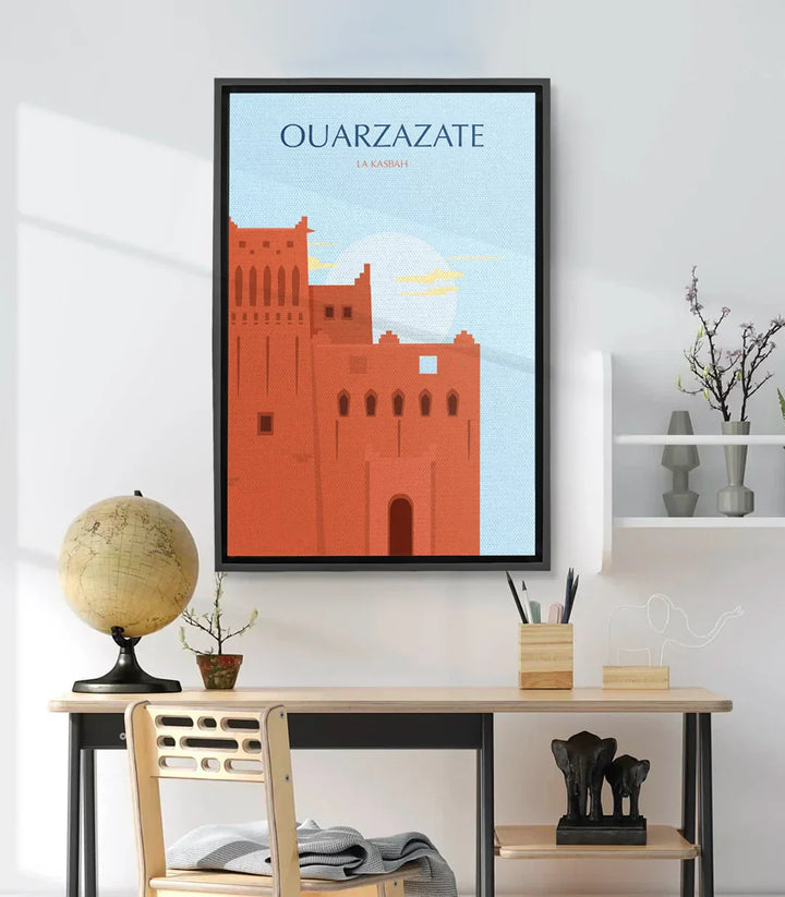 Cuadro decorativo Kasbah Ouarzazate minimalista, arquitectura terracota sobre fondo azul — Massinart