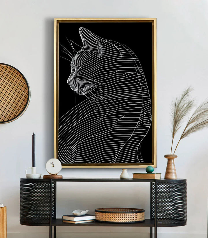 Cuadro Linear Cat sobre mueble negro en salón moderno — decoración minimalista