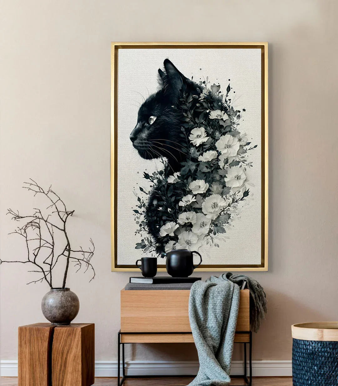 Cuadro Feline Blossom en salón moderno decoración pared Massinart