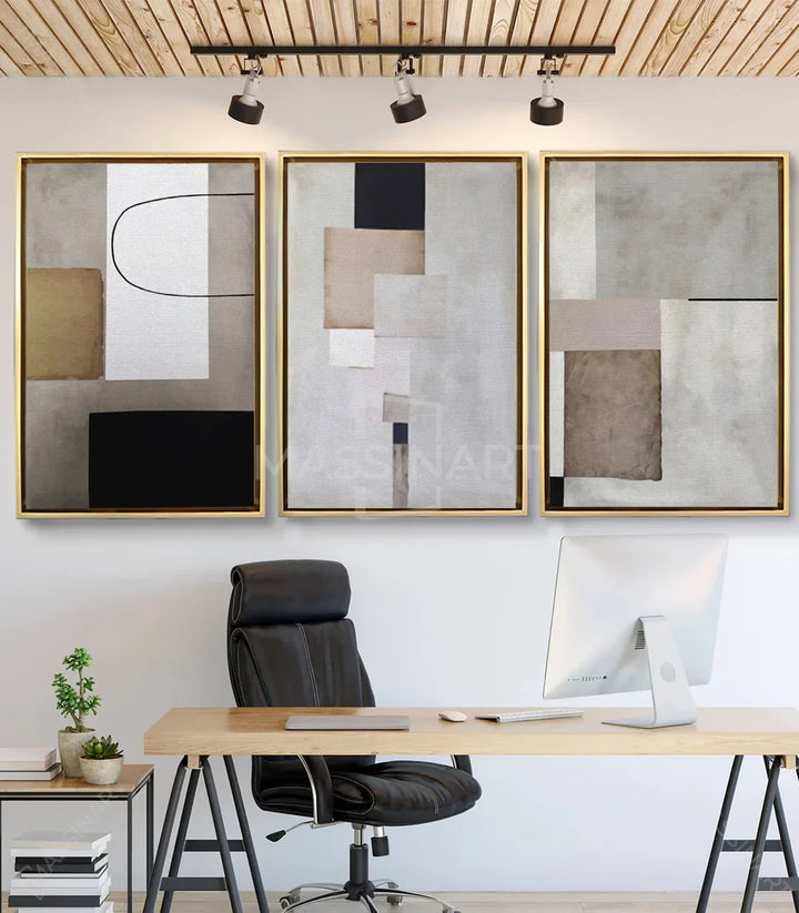 Cuadro Quietud tríptico decoración salón moderno — composición abstracta minimalista en tonos neutros | Massinart