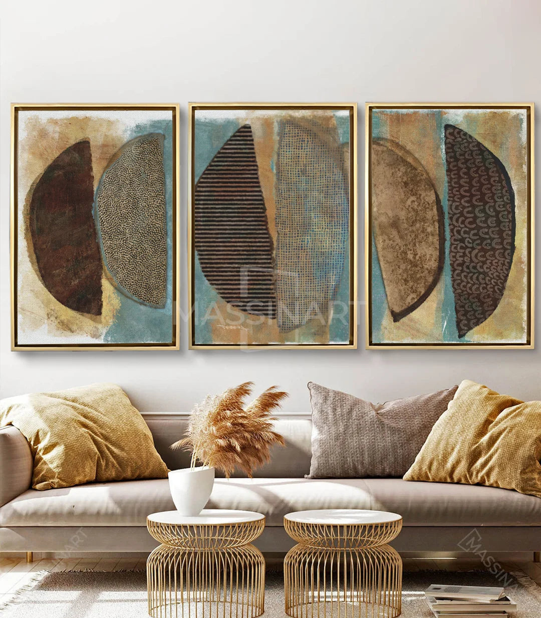 Salón moderno decorado con tríptico Boho sobre sofá gris — Massinart