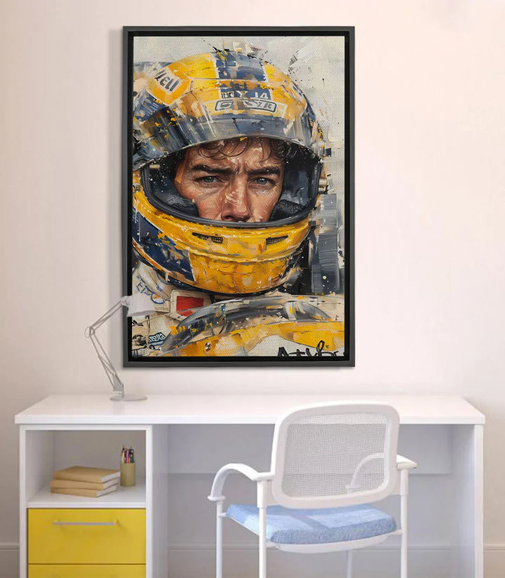 Cuadro Racing Focus retrato expresionista piloto con casco amarillo flúor Massinart