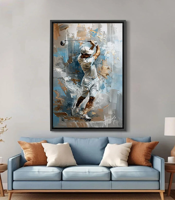 Cuadro abstracto de golf The Perfect Hit — paleta azul beige Massinart