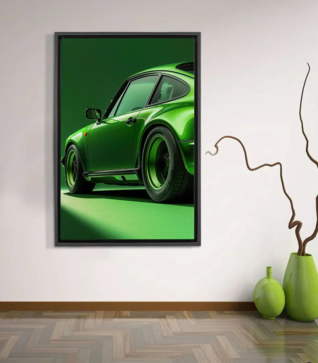 Cuadro coche deportivo verde Massinart — automóvil clásico sobre fondo verde monocromático