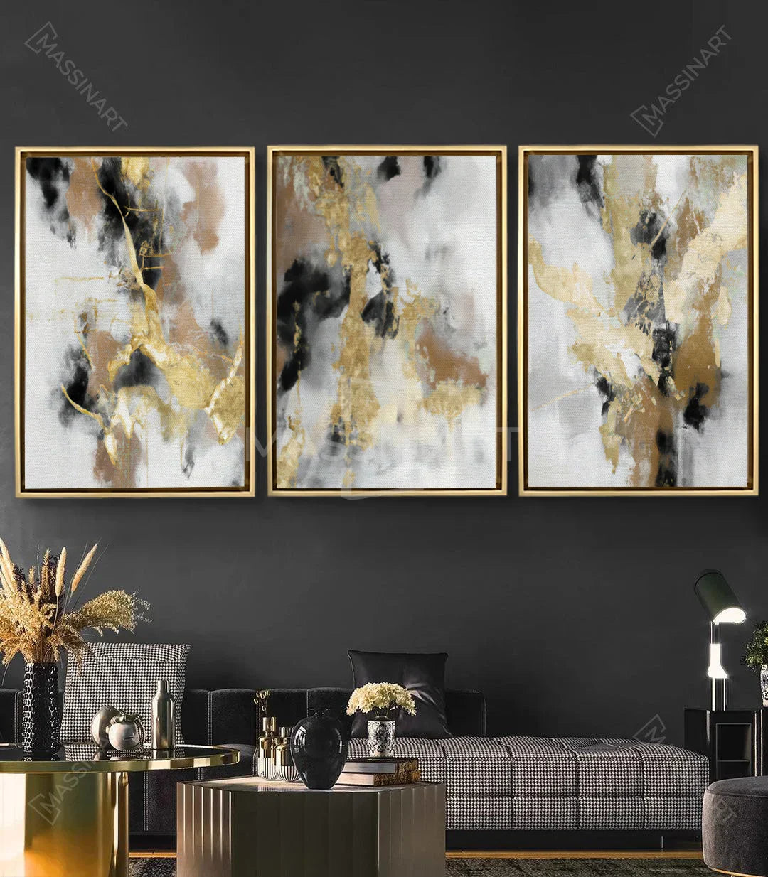 Cuadro abstracto Ethereal panel central, composición fluida con detalles dorados — Massinart