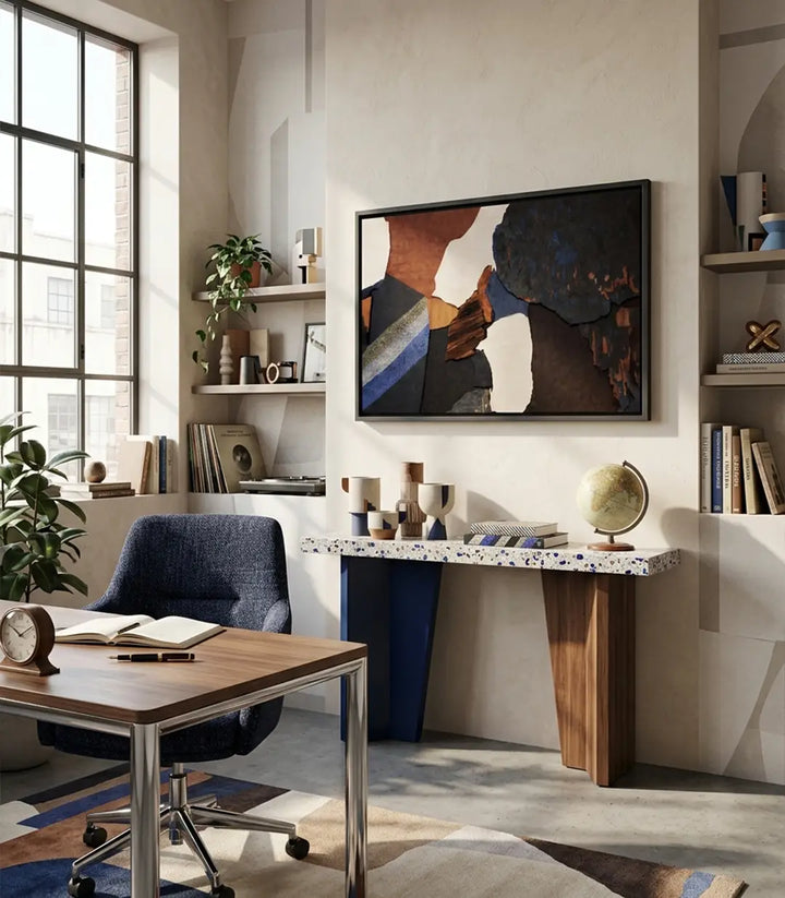 Ambientación cuadro Cobalt Rust en comedor moderno, decoración mural de pared, Massinart