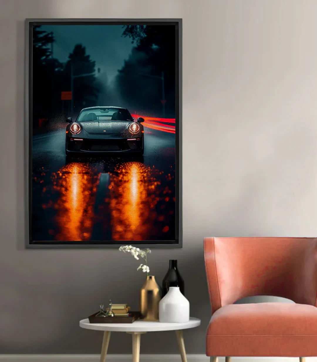 Cuadro coche deportivo negro llamas naranja carretera nocturna Massinart