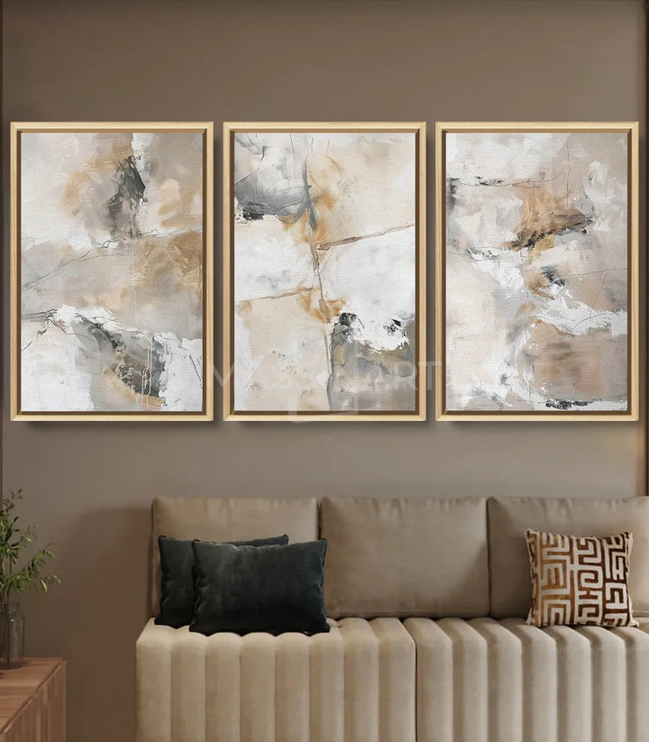 Cuadro abstracto minimalista Massinart — panel derecho con formas geométricas en gris y taupe
