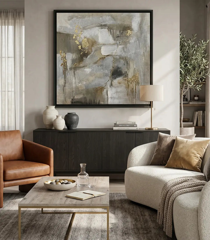 Cuadro Mending en salón moderno contemporáneo, decoración minimalista, Massinart