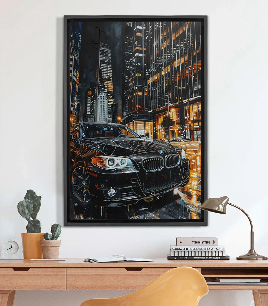 Cuadro City Gleam coche de lujo noche urbana rascacielos — lienzo moderno en negro y naranja