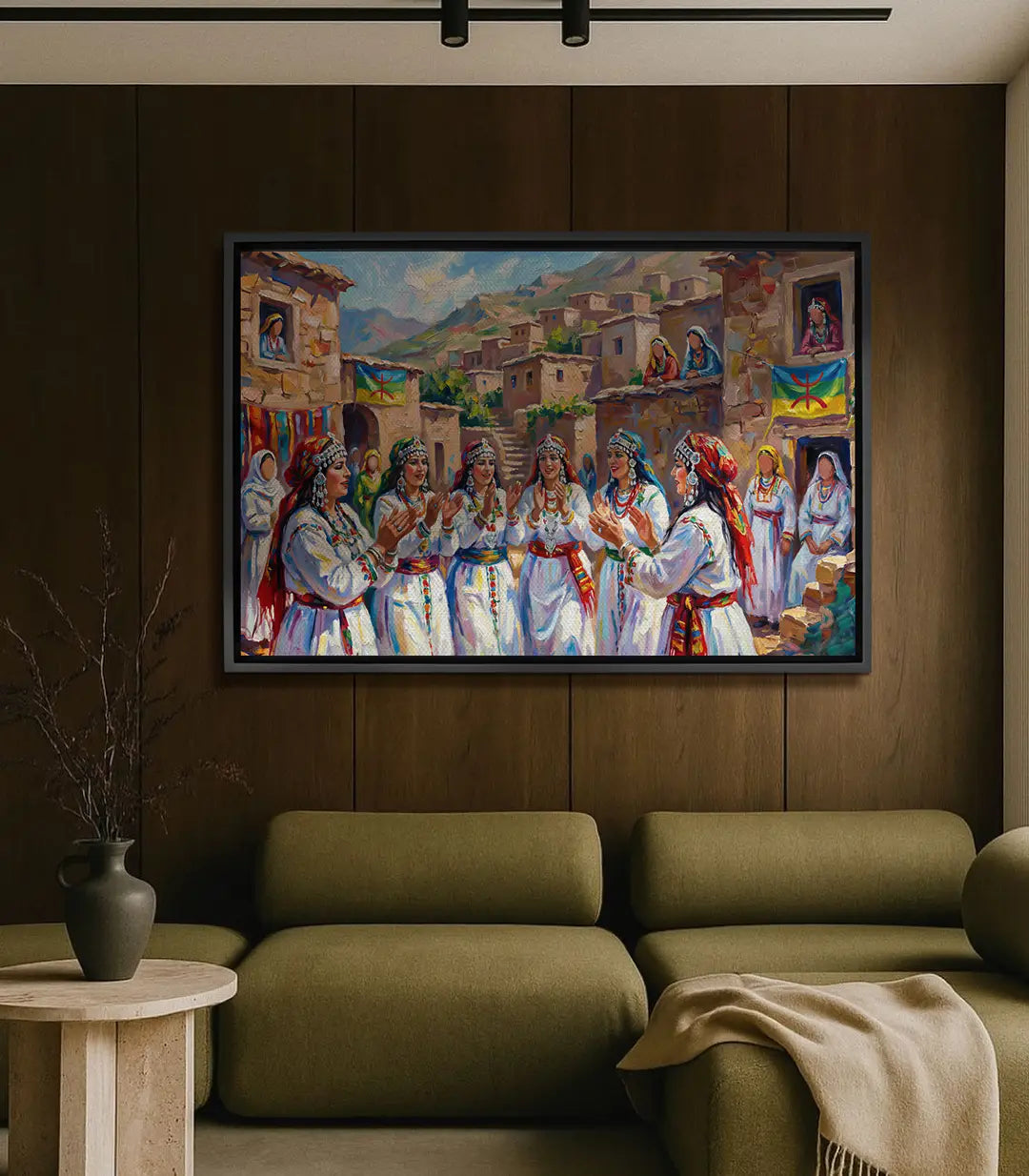 Cuadro Amazigh Folklore — escena de danza de mujeres bereberes con trajes tradicionales de colores y paisaje de montaña, Massinart