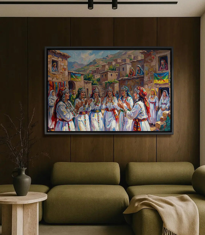Cuadro Amazigh Folklore — escena de danza de mujeres bereberes con trajes tradicionales de colores y paisaje de montaña, Massinart