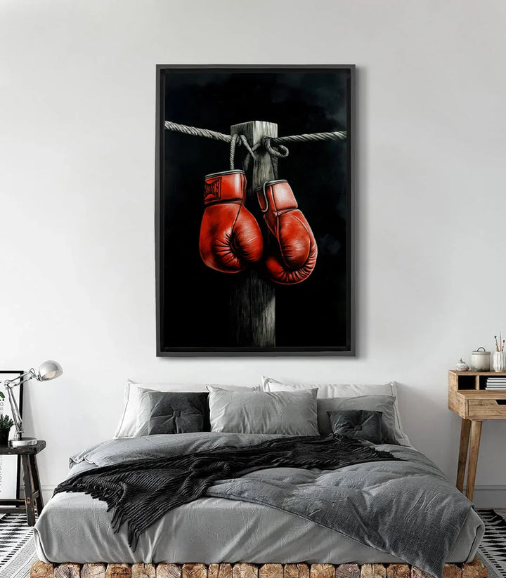 Cuadro guantes de boxeo rojos colgados sobre fondo negro estilo expresionista Massinart