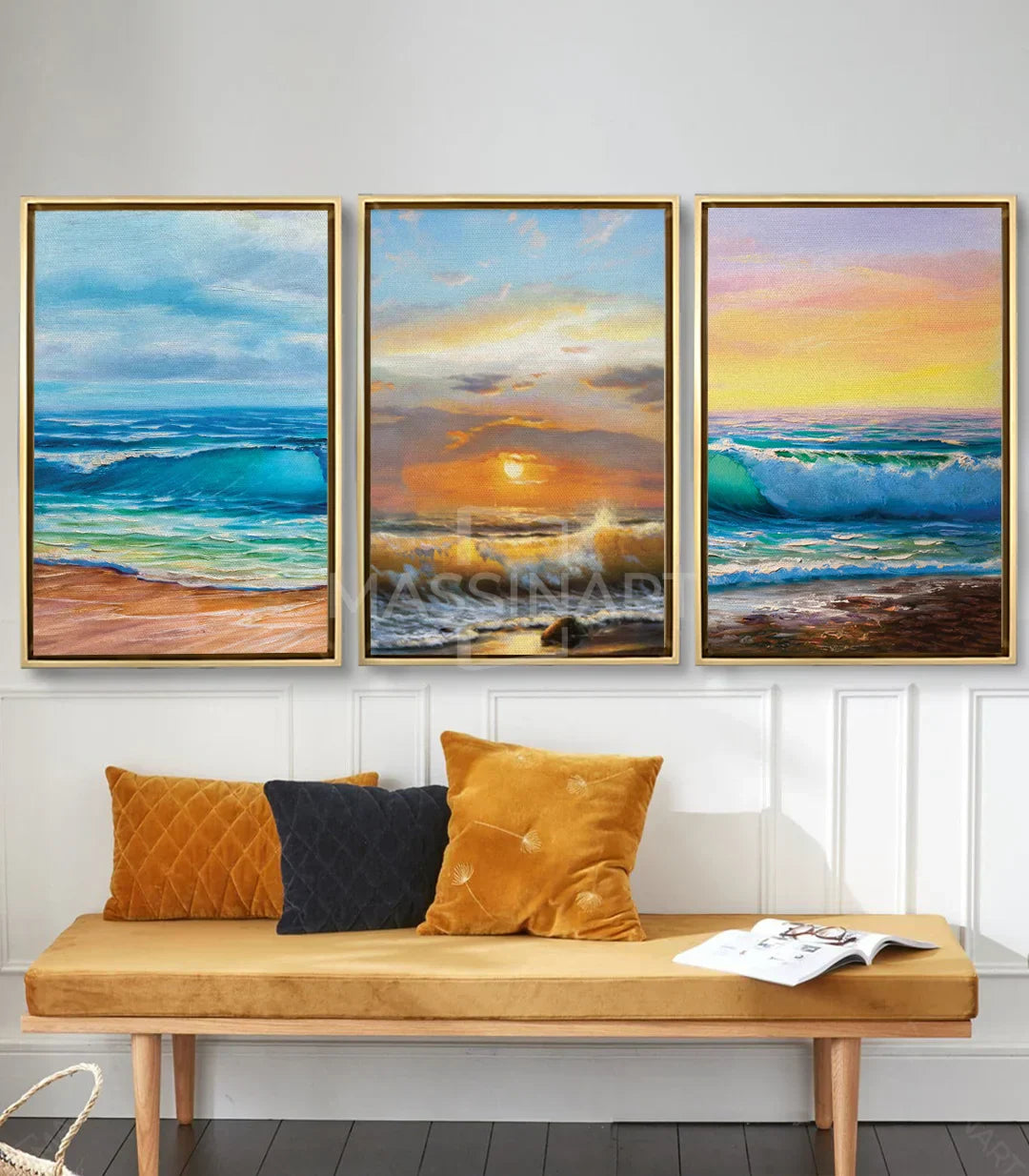 Cuadro Pure Sea panel central — Atardecer naranja sobre olas dramáticas