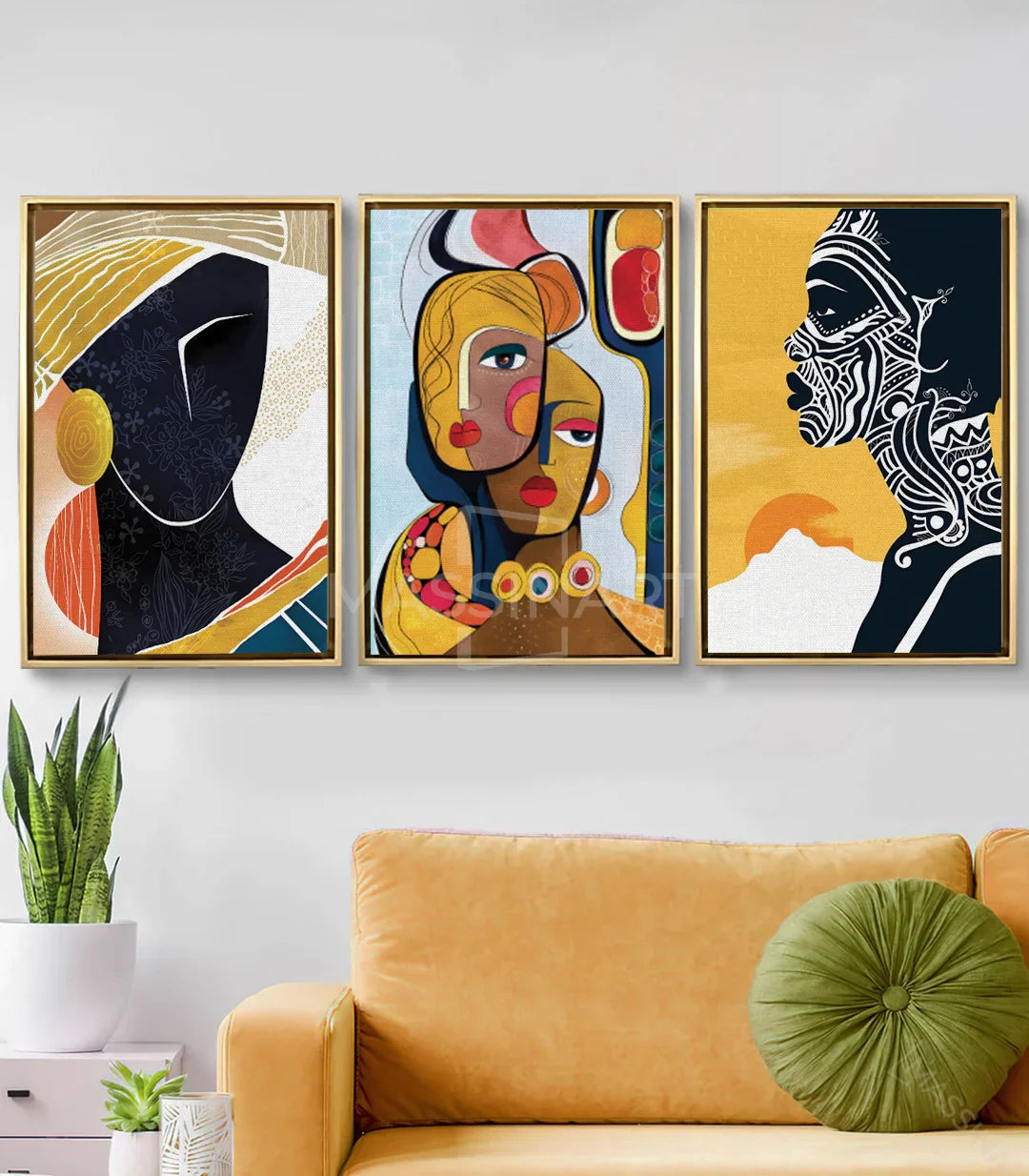 Cuadro African Soul panel central — dos rostros femeninos en tonos amarillo, azul y rojo, estilo pop art africano