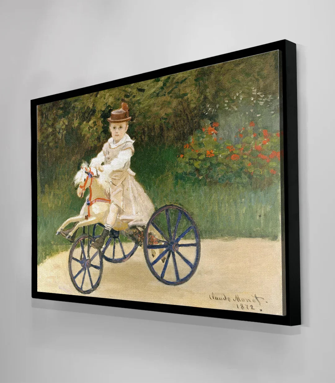 Detalle de colores verdes y rojos del cuadro impresionista Jean Monet en triciclo — Massinart