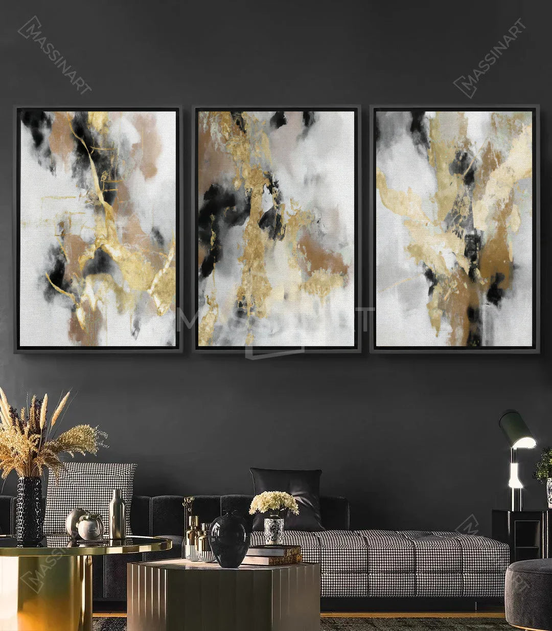 Cuadro abstracto Ethereal panel izquierdo, tintas negras y doradas sobre fondo crema — Massinart