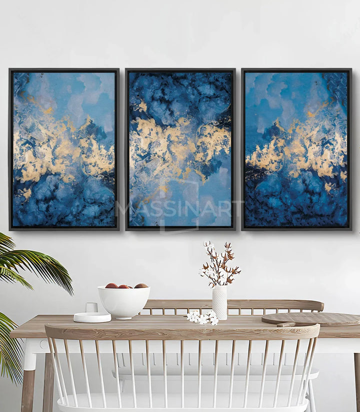 Cuadro abstracto paisaje bosque tríptico en azul y dorado — Massinart