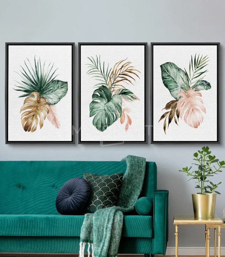 Cuadro decorativo con hojas de monstera y flor rosa en acuarela, estilo minimalista