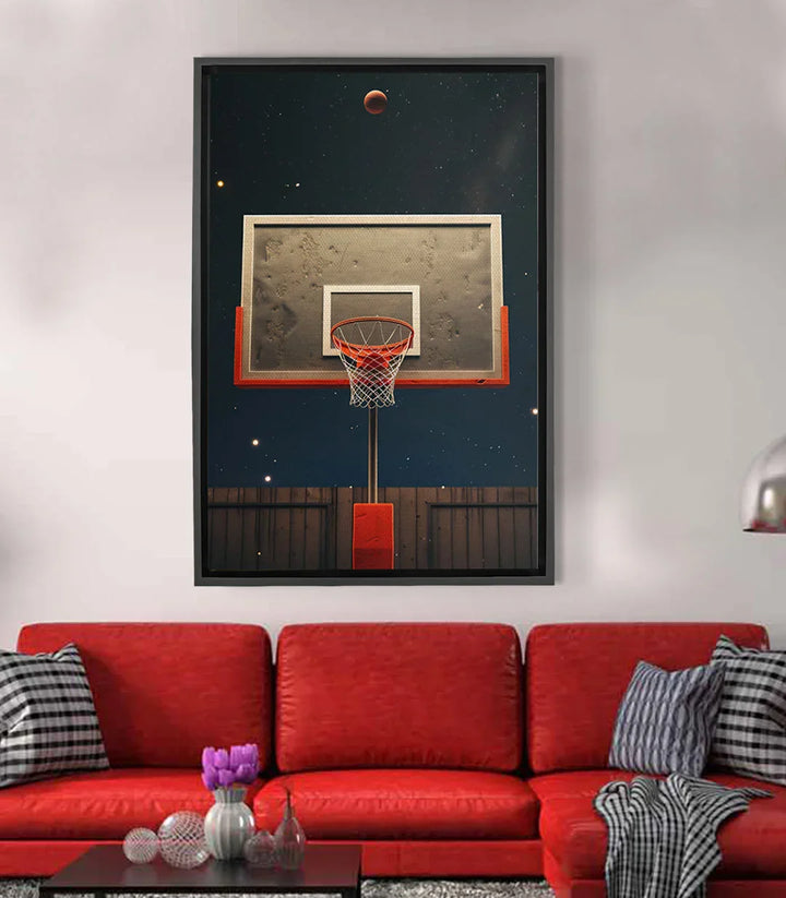 Cuadro Moonlit Basket — canasta de baloncesto roja bajo cielo nocturno estrellado, arte urbano Massinart