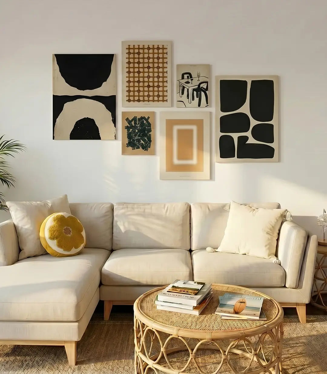 Conjunto de cuadros abstractos estilo Japandi con formas orgánicas negras y tonos terrosos, decoración mural minimalista