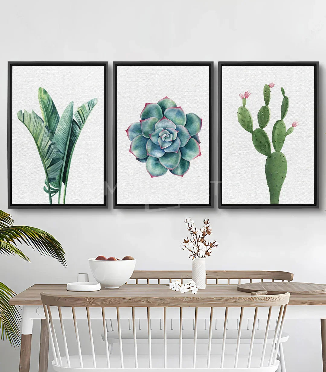 Cuadro cactus tríptico acuarela — follaje verde rayado, arte botánico Massinart