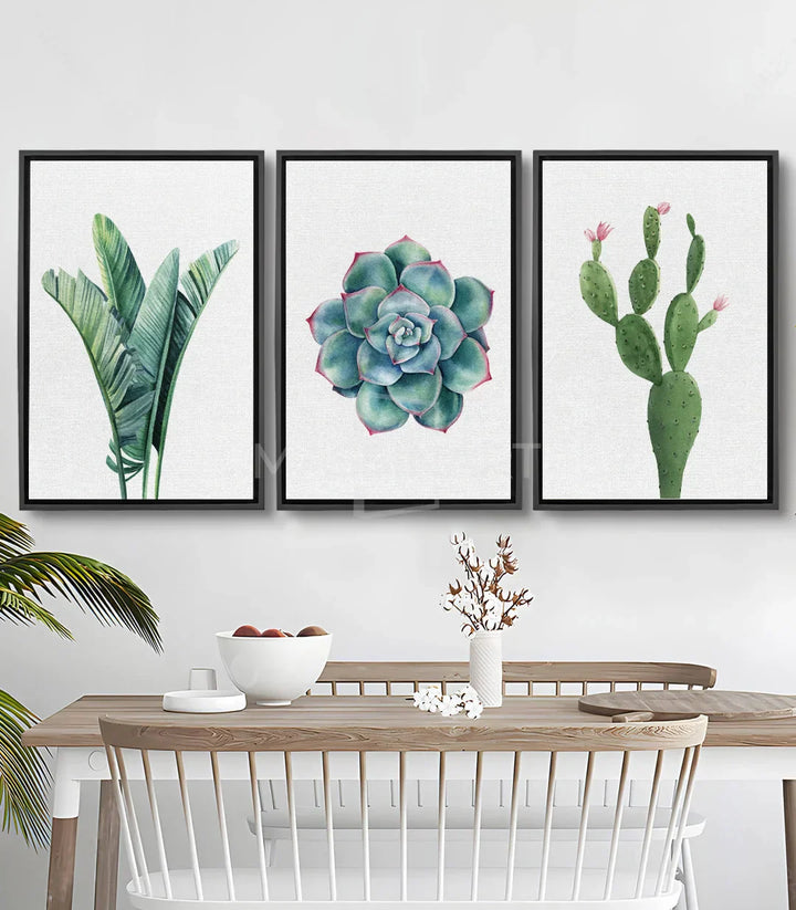 Cuadro cactus tríptico acuarela — follaje verde rayado, arte botánico Massinart
