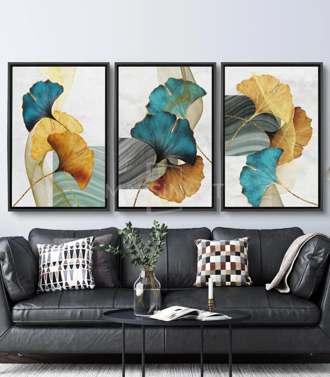 Cuadro Ginkgo Leaves tríptico panel izquierdo — hojas azul turquesa y amarillo dorado sobre fondo blanco, Massinart