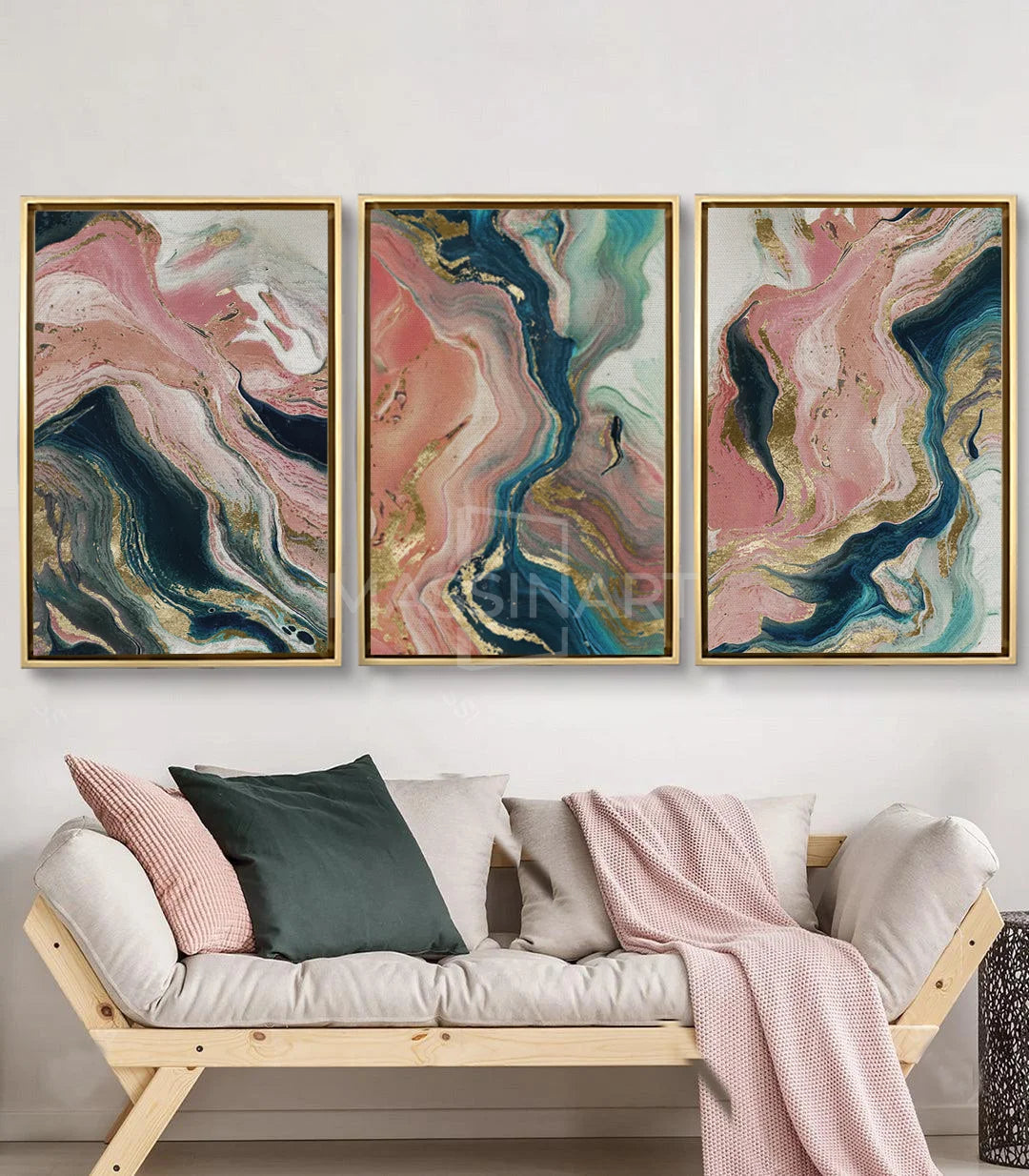 Cuadro Stream en salón moderno tríptico abstracto decoración interior Massinart