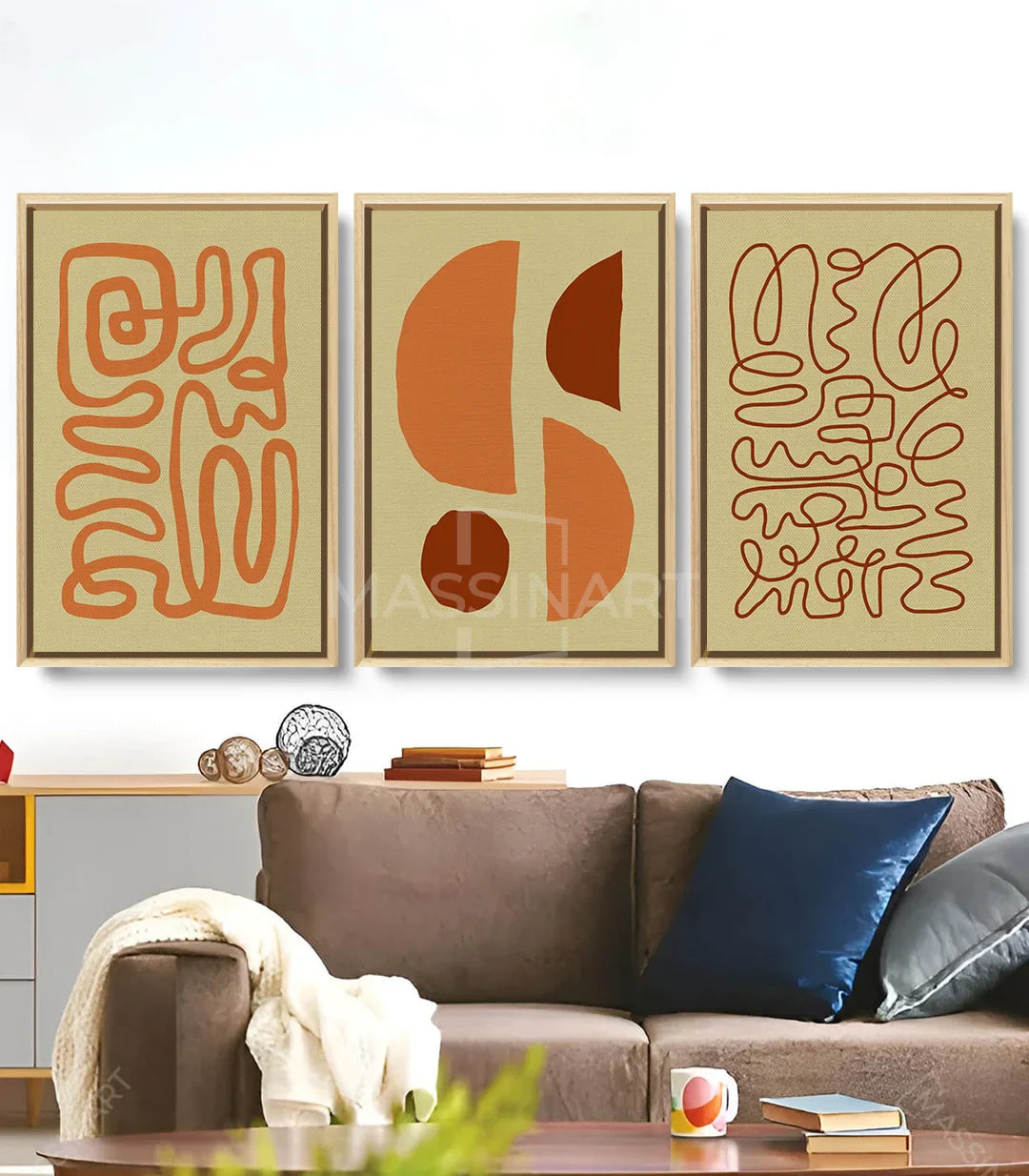 Cuadro abstracto Rustic Impressions panel 3 — líneas orgánicas terracota Massinart