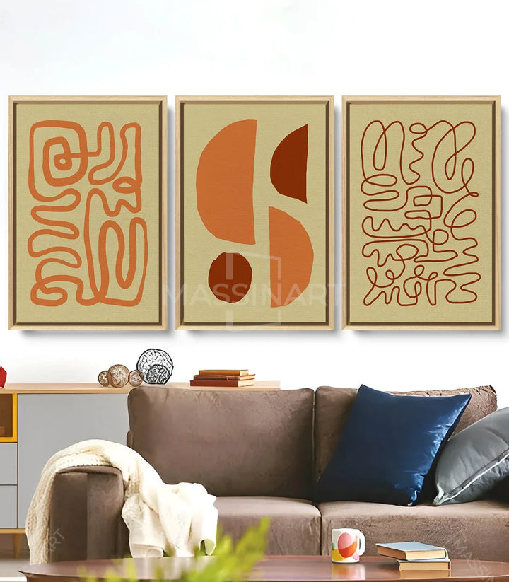 Cuadro abstracto Rustic Impressions panel 3 — líneas orgánicas terracota Massinart