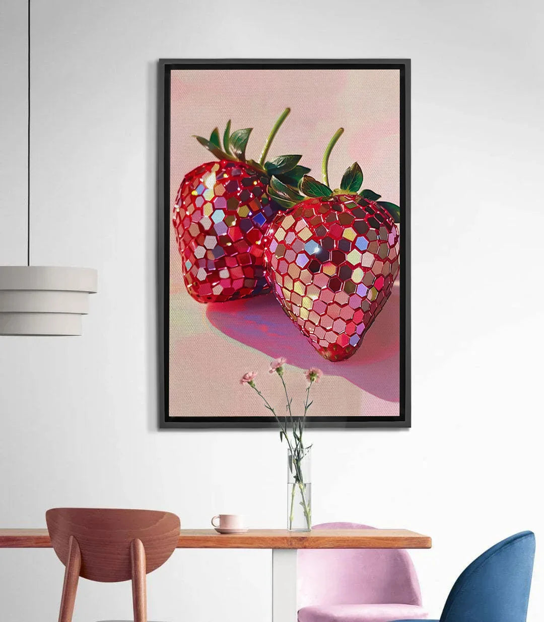 Cuadro de fresas geométricas en rosa y rojo con motivos hexagonales sobre fondo rosa empolvado — Massinart