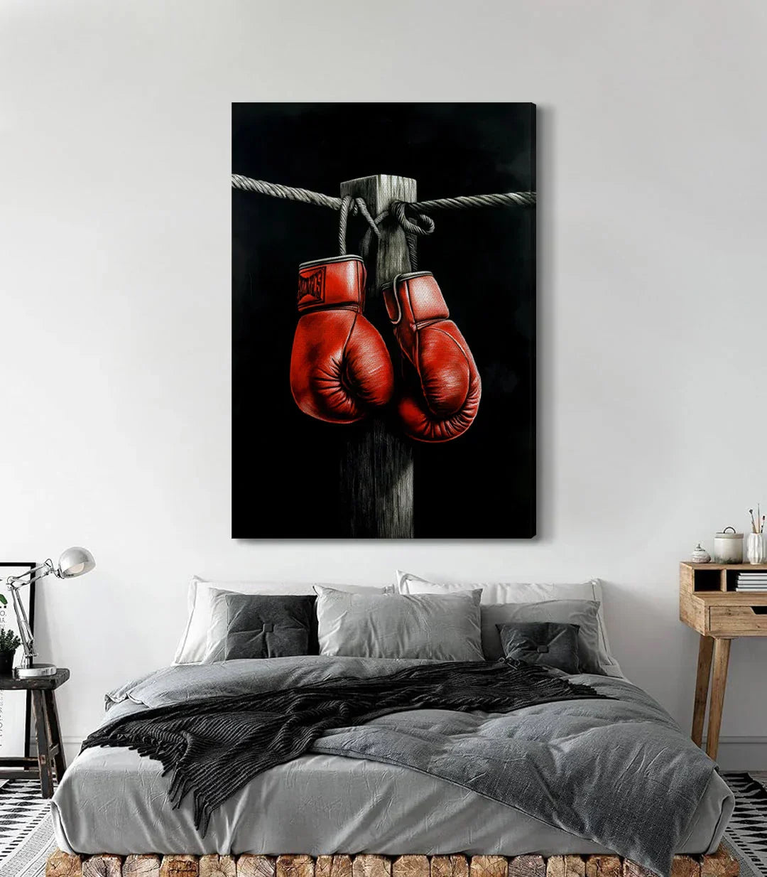 Detalle textura cuadro guantes boxeo rojo y negro Massinart