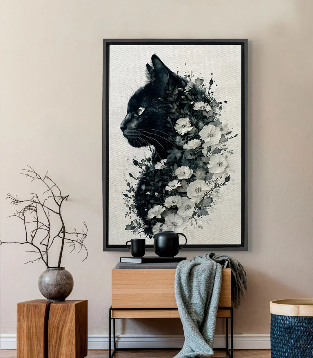 Cuadro Feline Blossom gato negro con flores blancas dispersas estilo expresionista Massinart