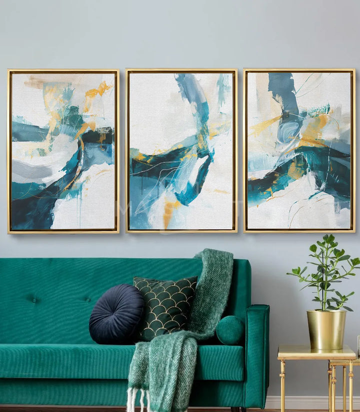 Cuadro River Flow panel central Massinart — composición fluida en tonos teal y ocre