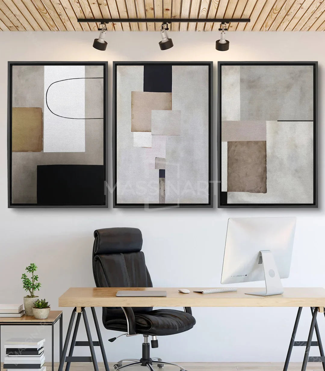 Cuadro Quietud tríptico — composiciones abstractas geométricas en negro, blanco, beige y taupe | Massinart