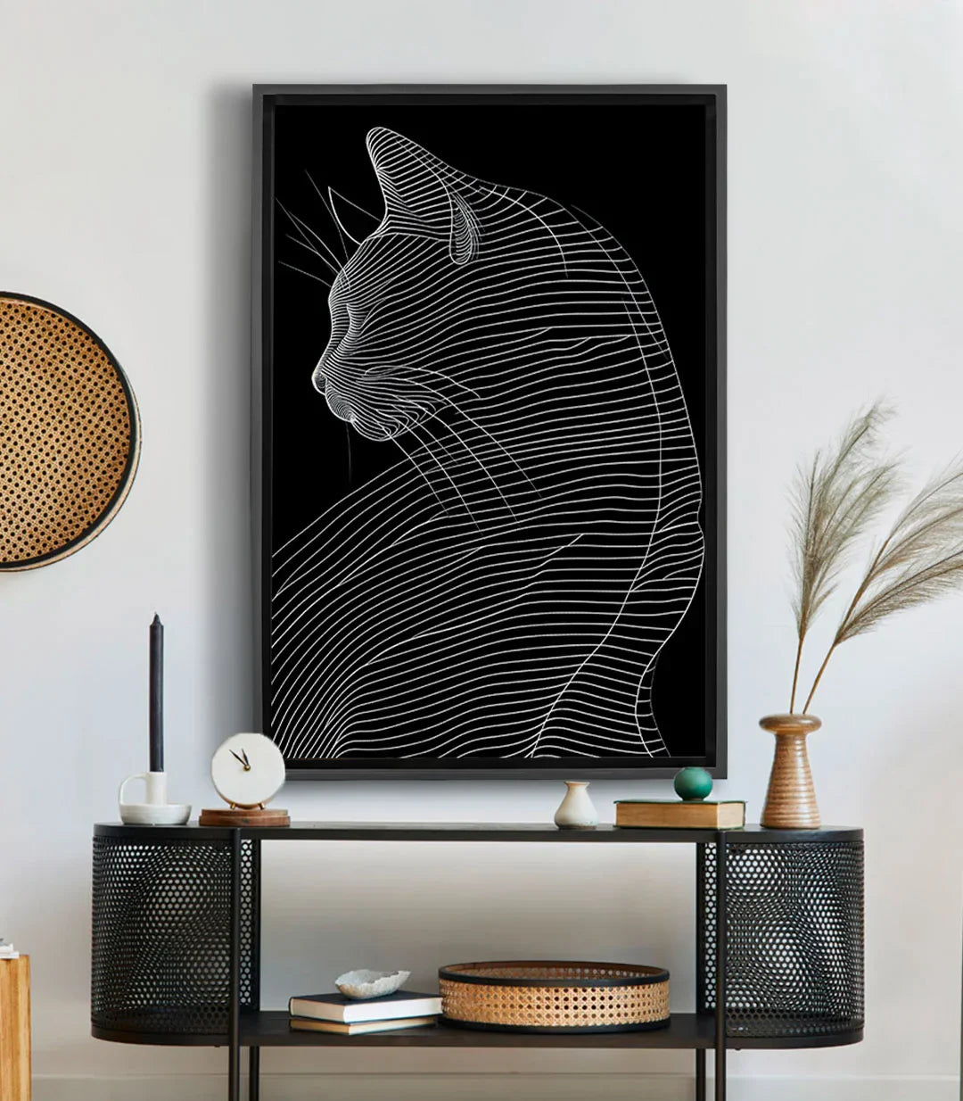Cuadro Linear Cat — retrato felino minimalista en líneas blancas sobre fondo negro
