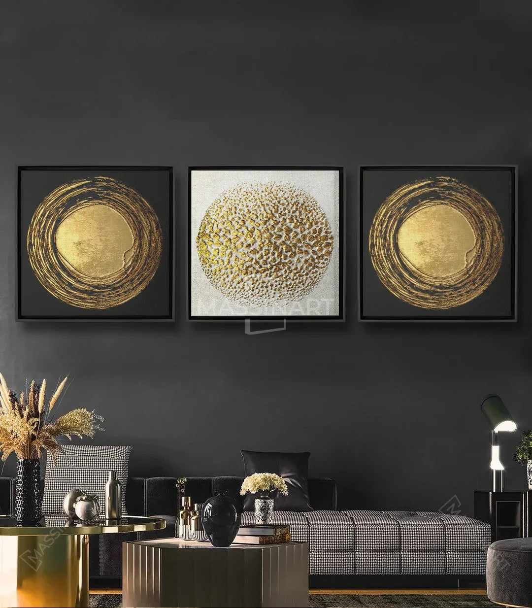 Cuadro abstracto con círculo dorado expresivo sobre fondo oscuro y contornos texturizados - Massinart