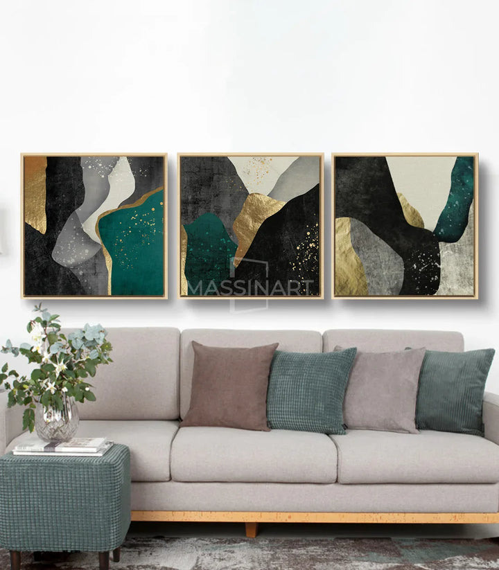 Cuadro abstracto de lujo panel derecho — formas fluidas en negro, turquesa, blanco y dorado, Massinart